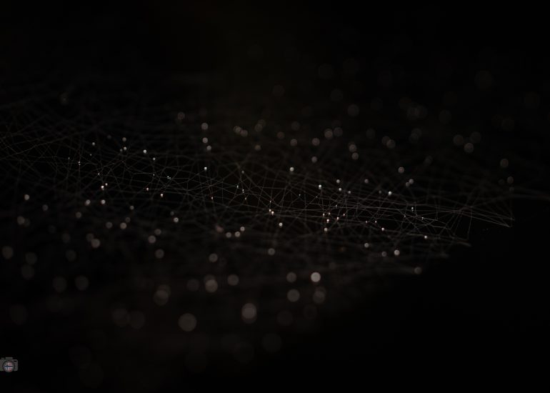 Wassertropfen in einem Spinnennetz unterhalb eines toten Baumes im Wald, beleuchtet mit einer kleinen Lampe. Zartes, verborgenes Leuchten.