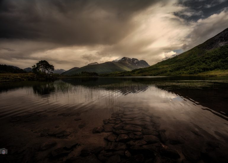 Ruhige Abendstimmung über einem Fjord mit Bergen und Spiegelung im Wasser während einer hellen nordischen Sommernacht.