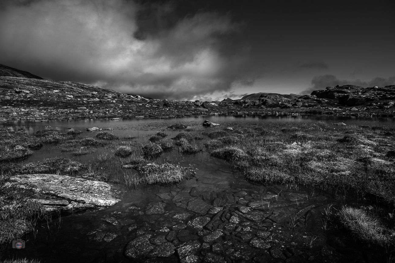 Eine reduzierte Hochgebirgslandschaft in den Sunndalsfjella in Norwegen. Zwischen Felsen, niedriger Vegetation und offenen Flächen führen fe