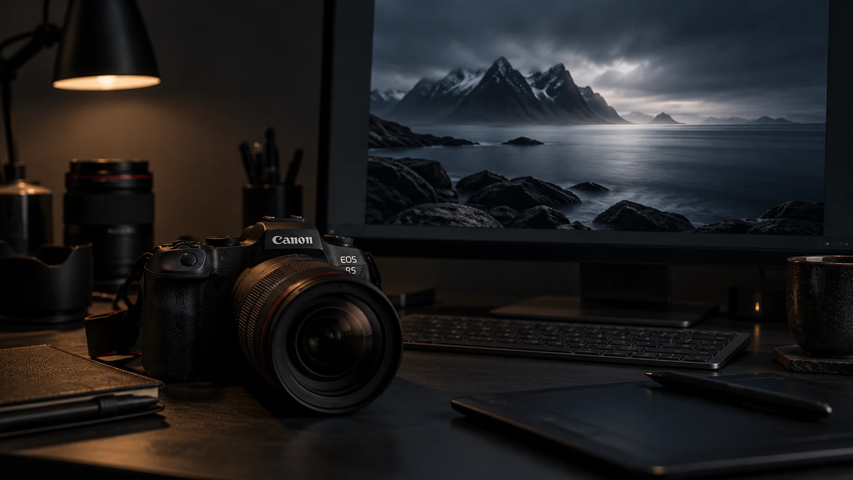 Canon EOS R5 camera on a dark desk in front of a monitor displaying a Norwegian coastal landscape