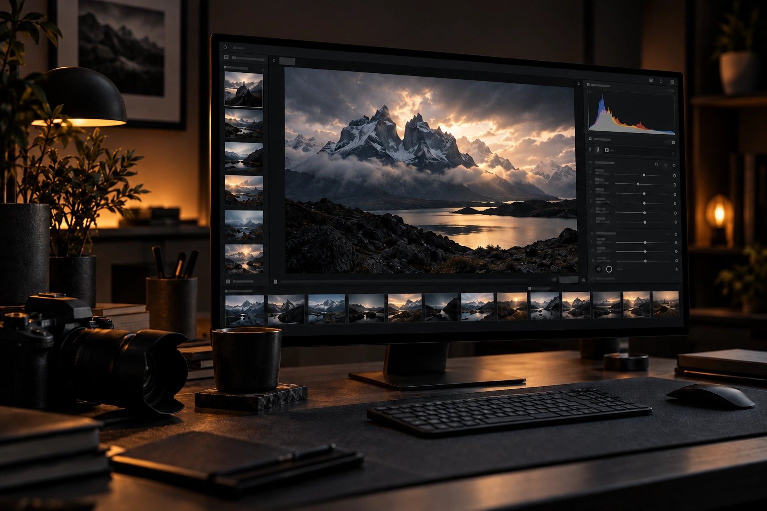 Symbolbild eines dunklen Fotostudios mit Bildbearbeitungsprogramm auf dem Monitor und Kamera auf dem Schreibtisch